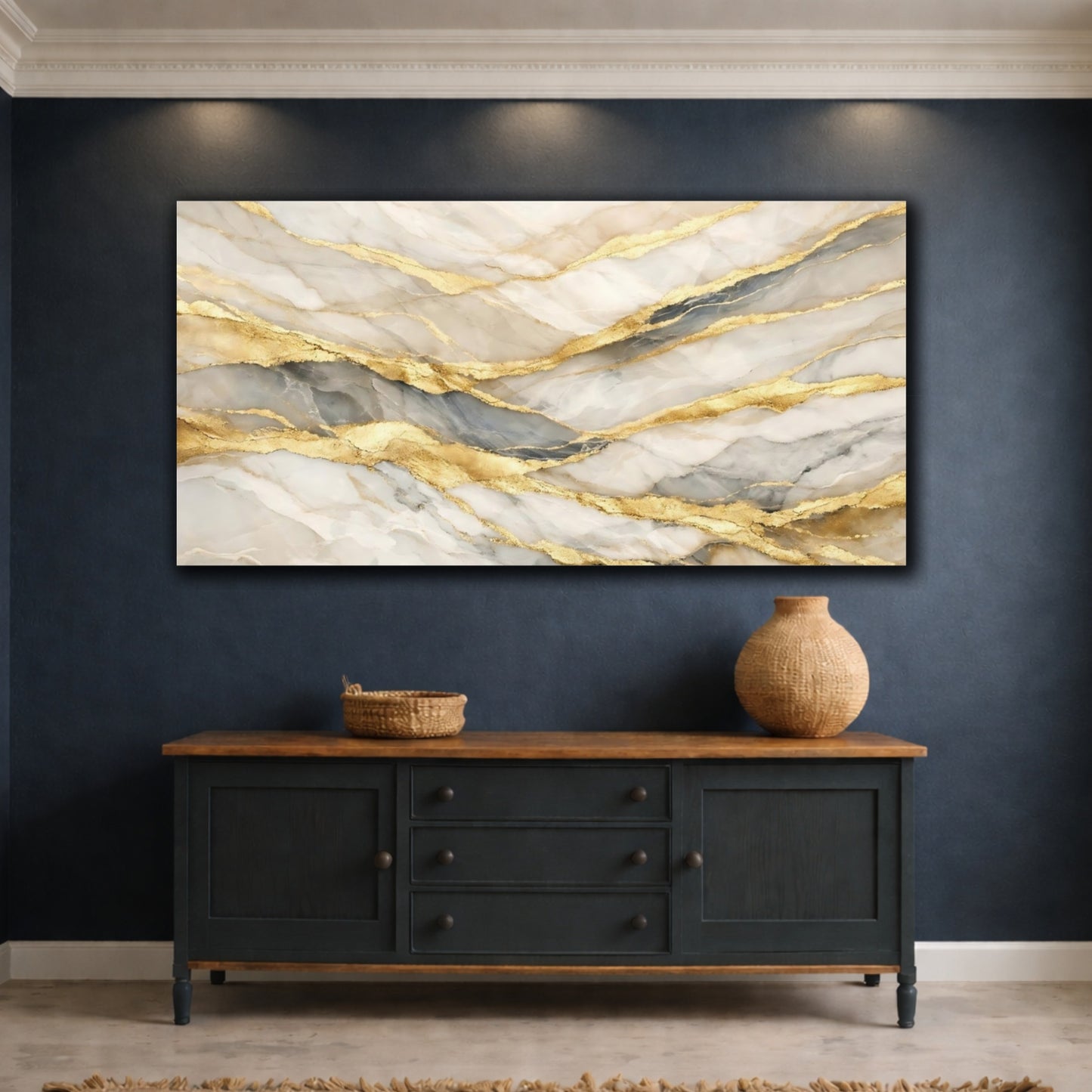 Mockup 4. Abstract Marble Texture White And Gold Marble shown as stretched canvas wall art