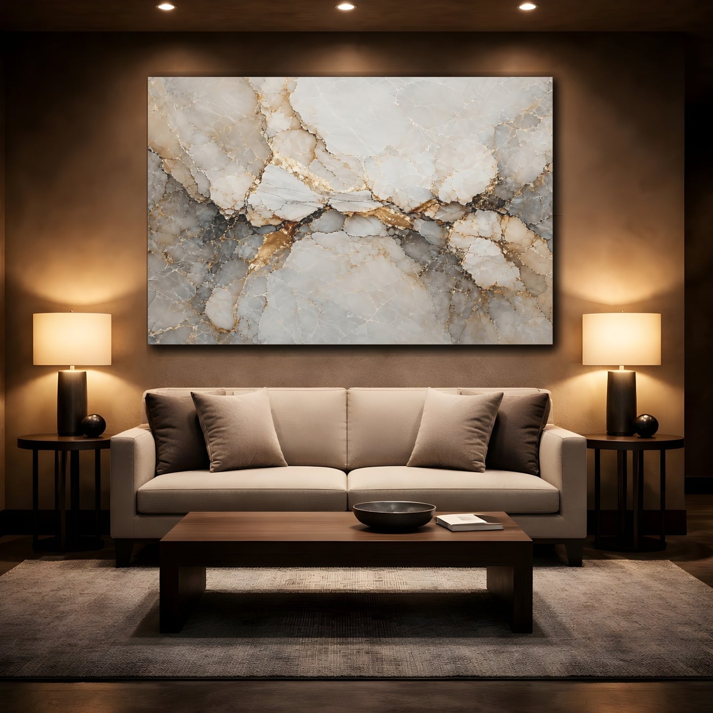 Mockup 2. Abstract Marble Texture White Gold Abstract shown as stretched canvas wall art