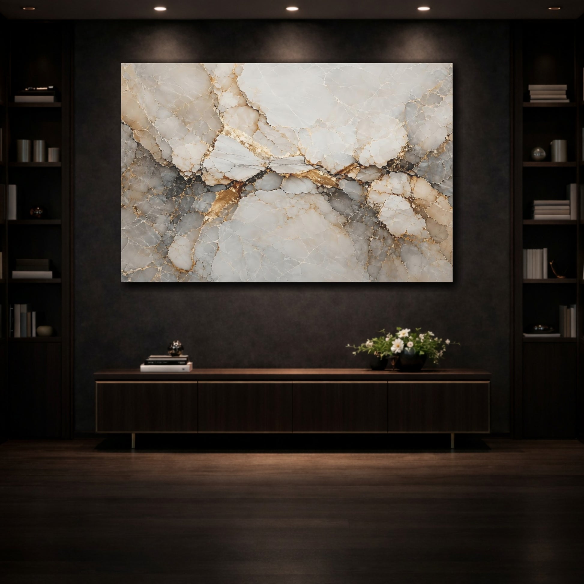 Mockup 3. Abstract Marble Texture White Gold Abstract shown as stretched canvas wall art