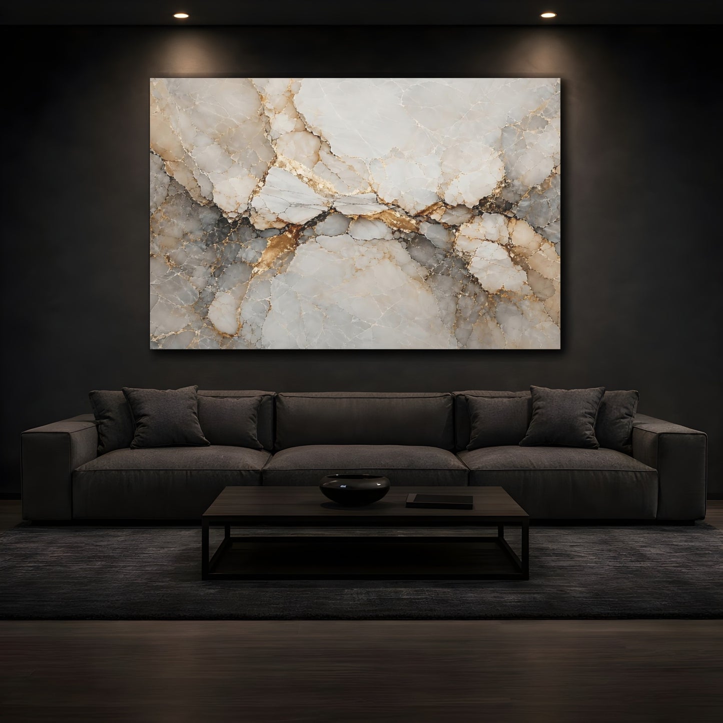Mockup 4. Abstract Marble Texture White Gold Abstract shown as stretched canvas wall art