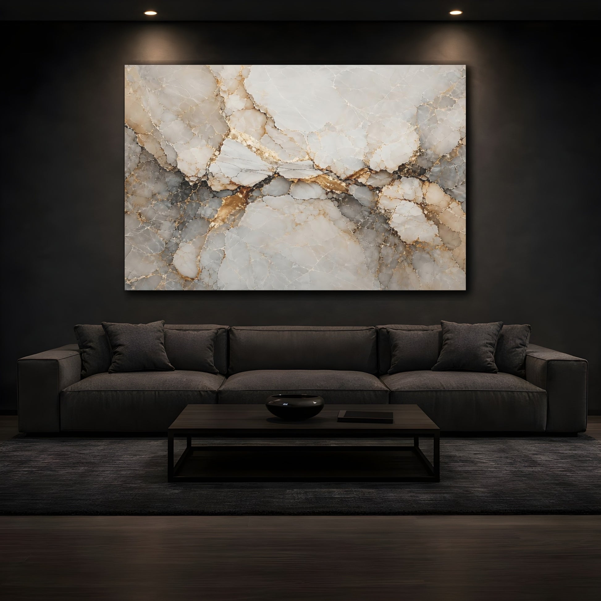 Mockup 4. Abstract Marble Texture White Gold Abstract shown as stretched canvas wall art