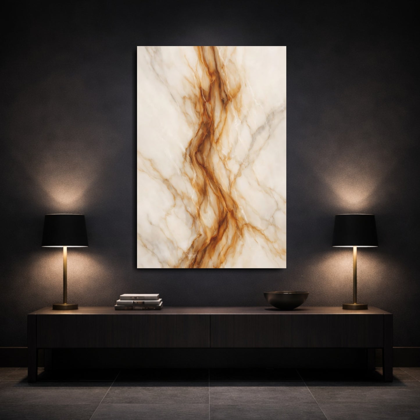 Mockup 2. Abstract Marble Texture White Gold Marble shown as stretched canvas wall art