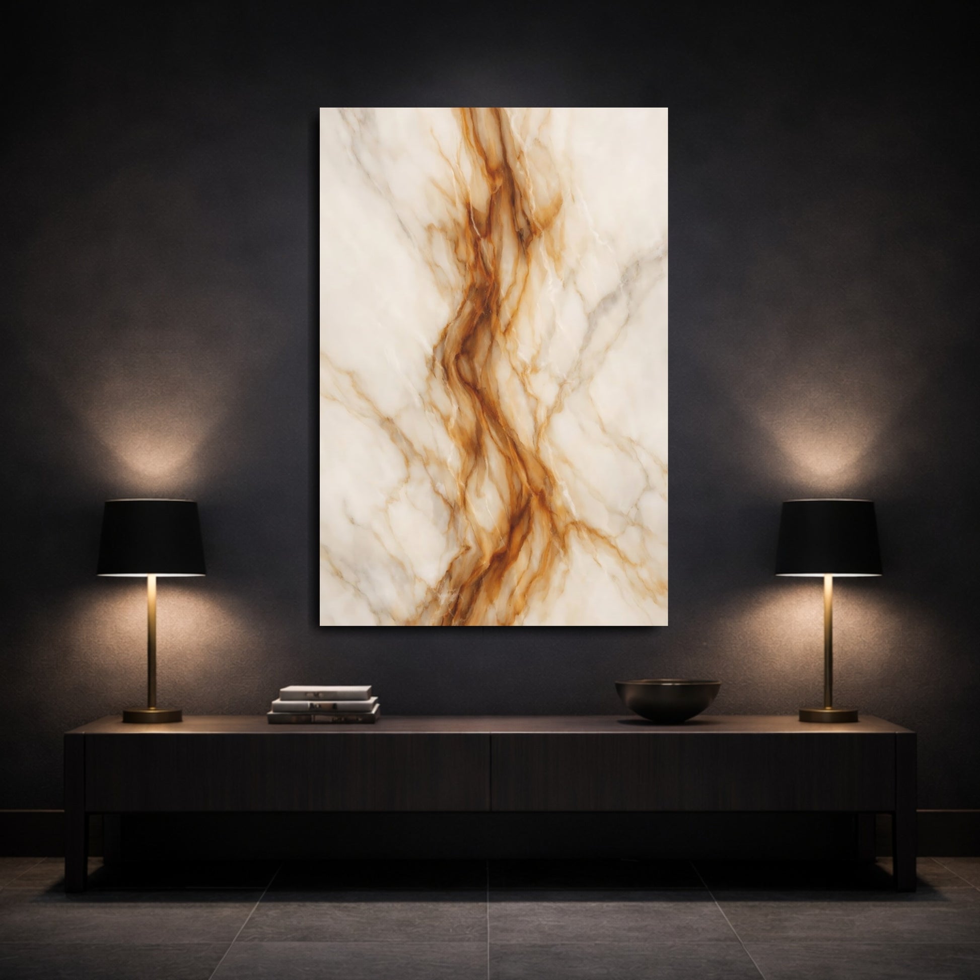 Mockup 2. Abstract Marble Texture White Gold Marble shown as stretched canvas wall art