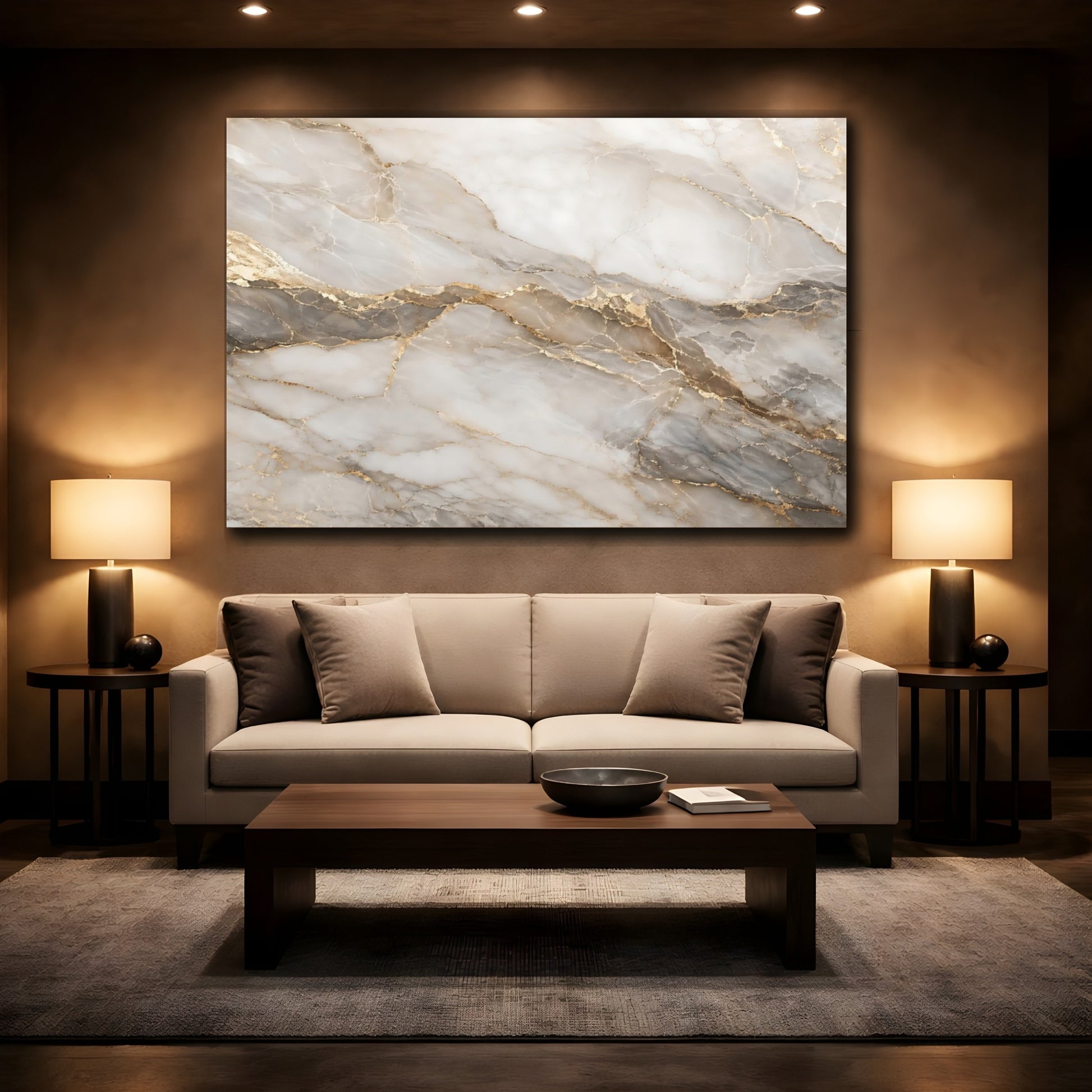 Mockup 2. Abstract Marble Texture White Gold Marble shown as stretched canvas wall art