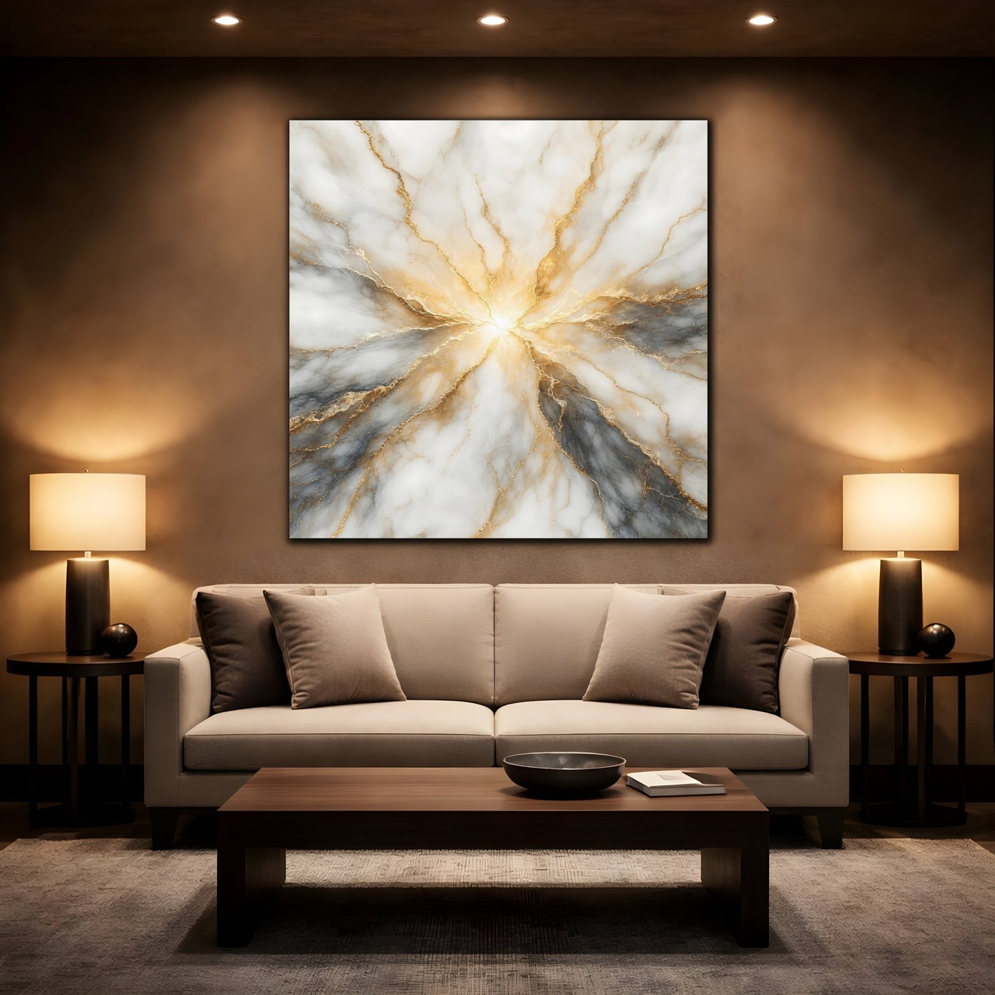 Mockup 2. Abstract Marble Texture White Gold Marble shown as stretched canvas wall art