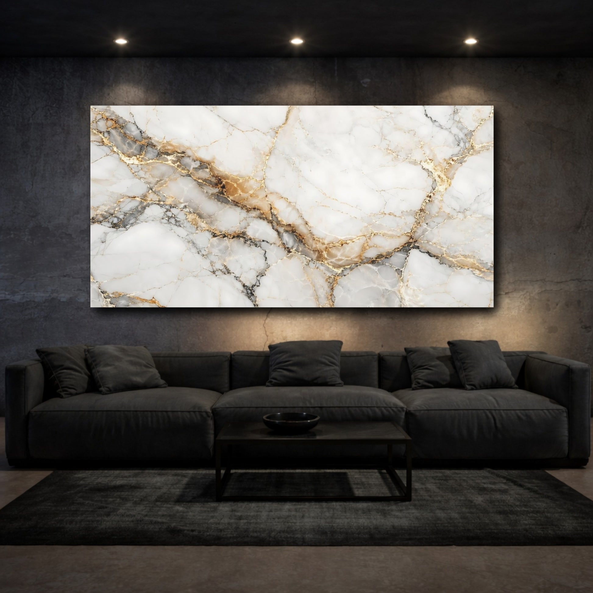 Mockup 2. Abstract Marble Texture White Gold Marble shown as stretched canvas wall art