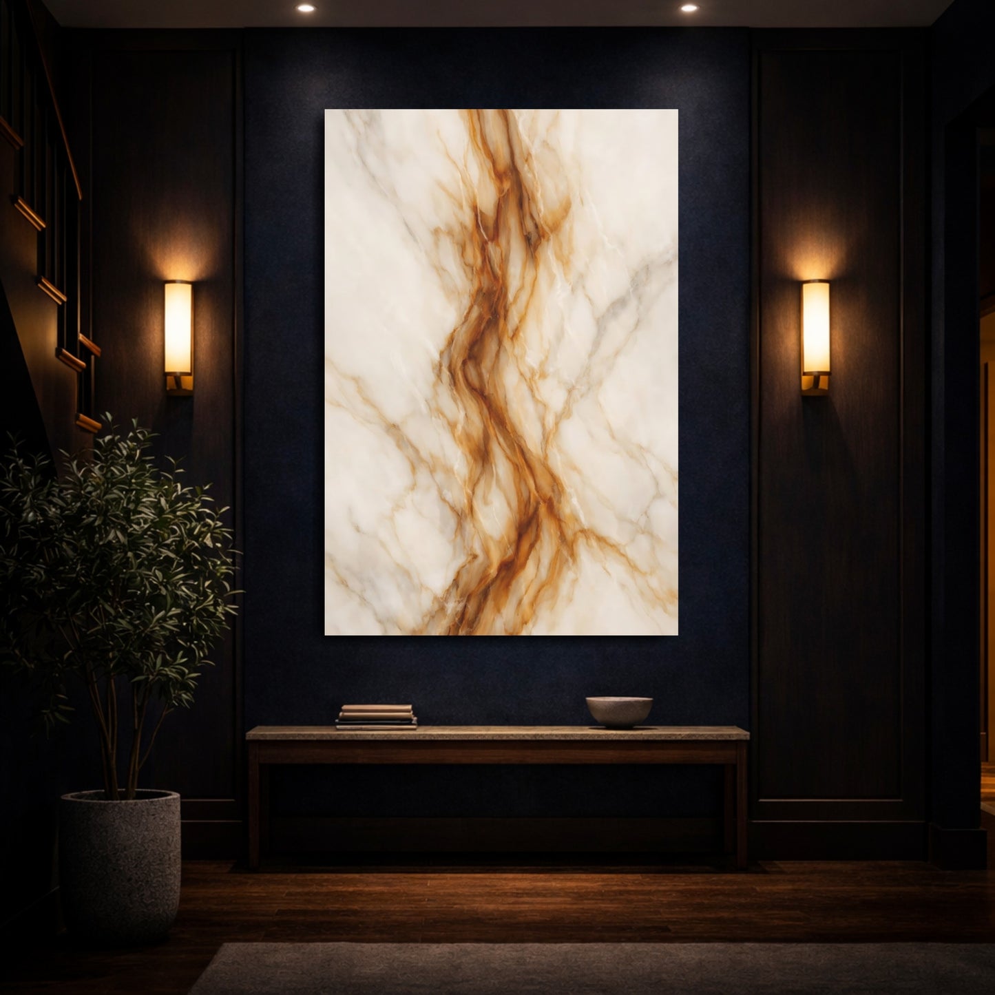Mockup 3. Abstract Marble Texture White Gold Marble shown as stretched canvas wall art