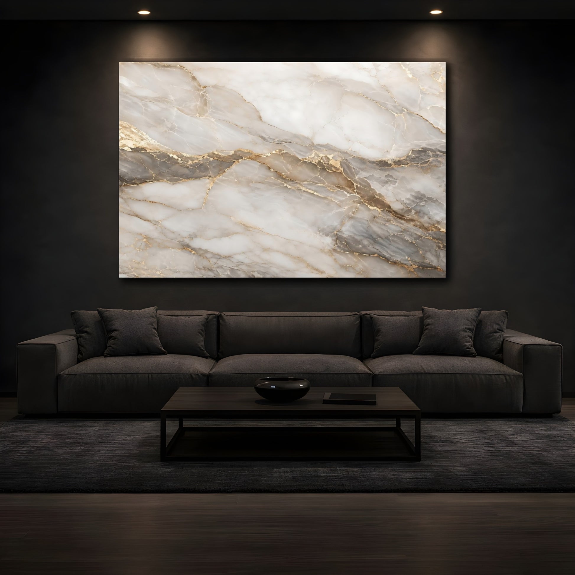 Mockup 3. Abstract Marble Texture White Gold Marble shown as stretched canvas wall art
