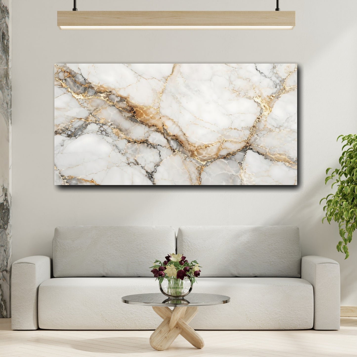 Mockup 3. Abstract Marble Texture White Gold Marble shown as stretched canvas wall art