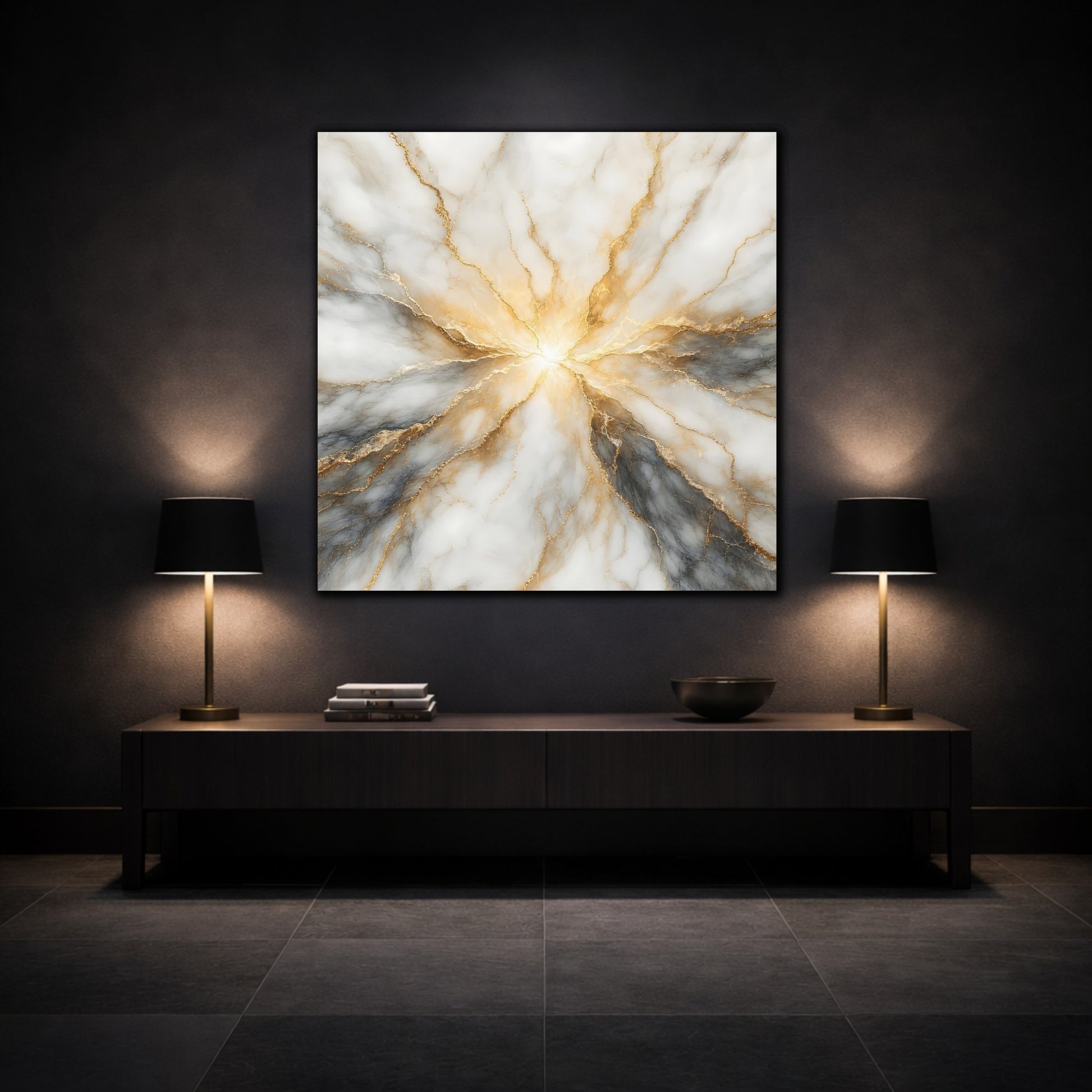 Mockup 3. Abstract Marble Texture White Gold Marble shown as stretched canvas wall art