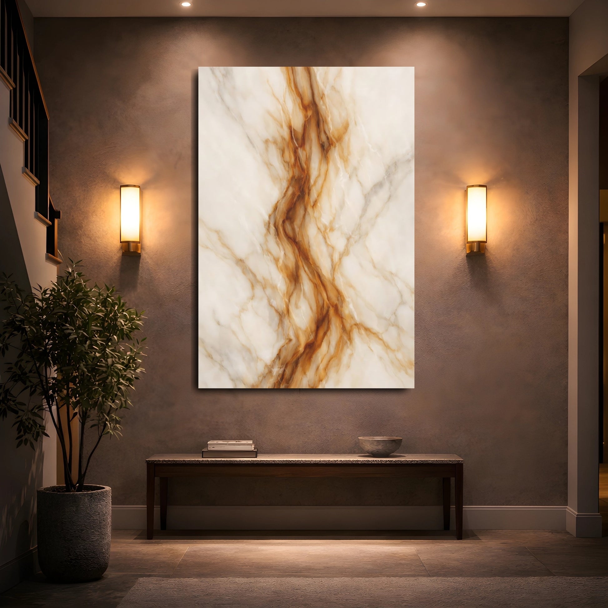Mockup 4. Abstract Marble Texture White Gold Marble shown as stretched canvas wall art