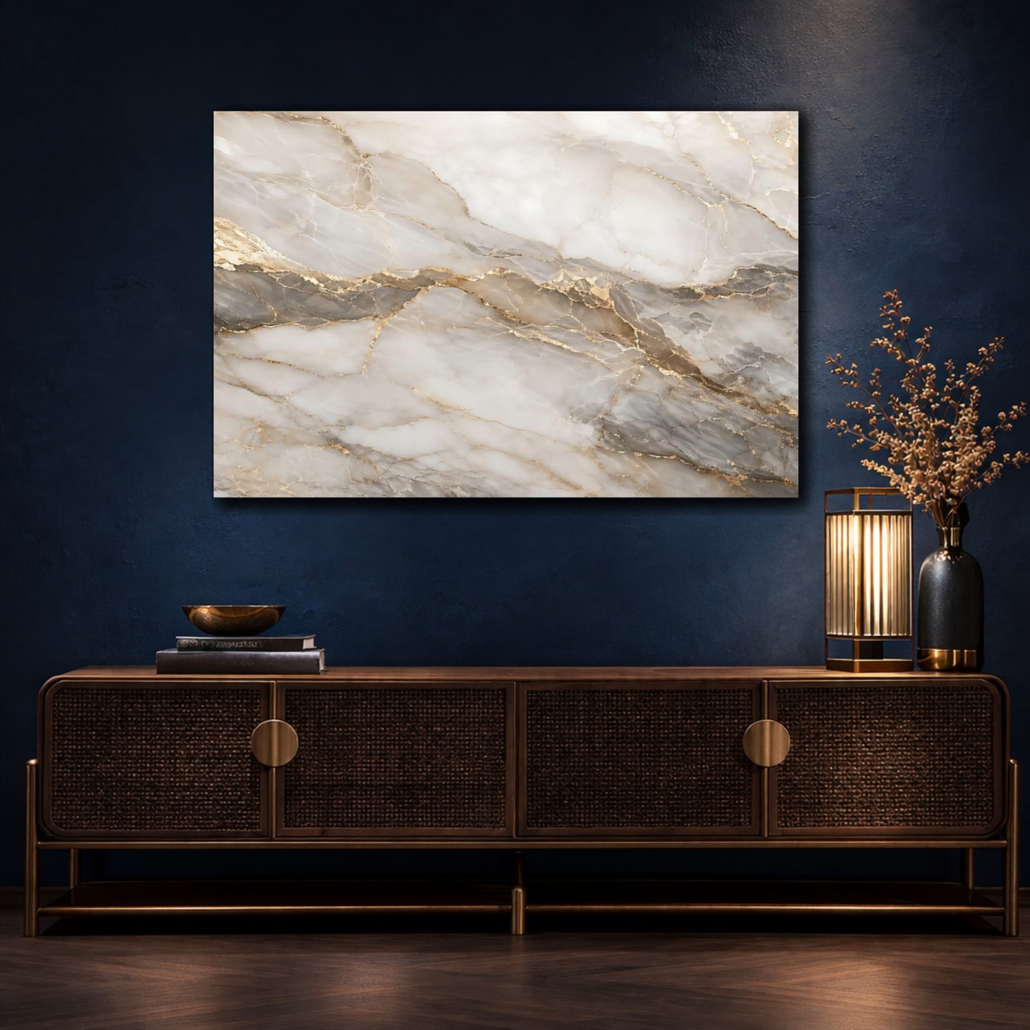 Mockup 4. Abstract Marble Texture White Gold Marble shown as stretched canvas wall art