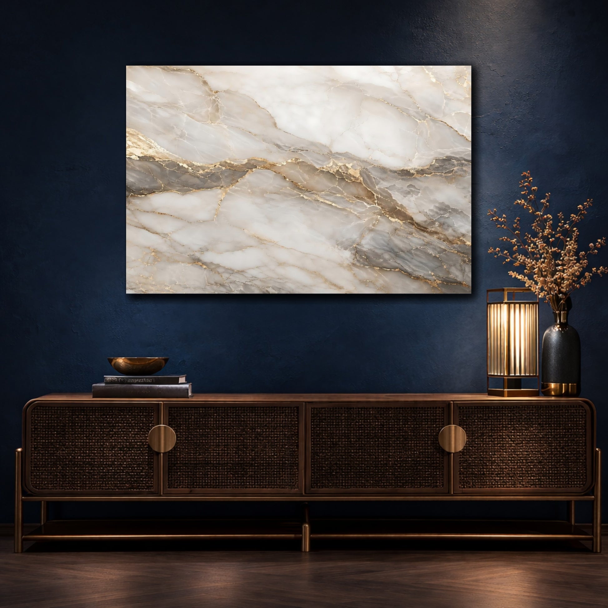 Mockup 4. Abstract Marble Texture White Gold Marble shown as stretched canvas wall art