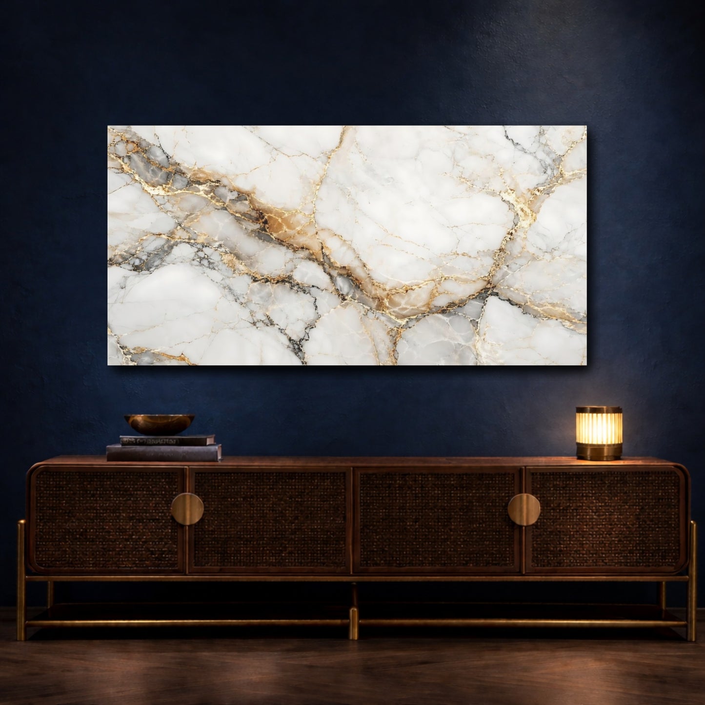 Mockup 4. Abstract Marble Texture White Gold Marble shown as stretched canvas wall art