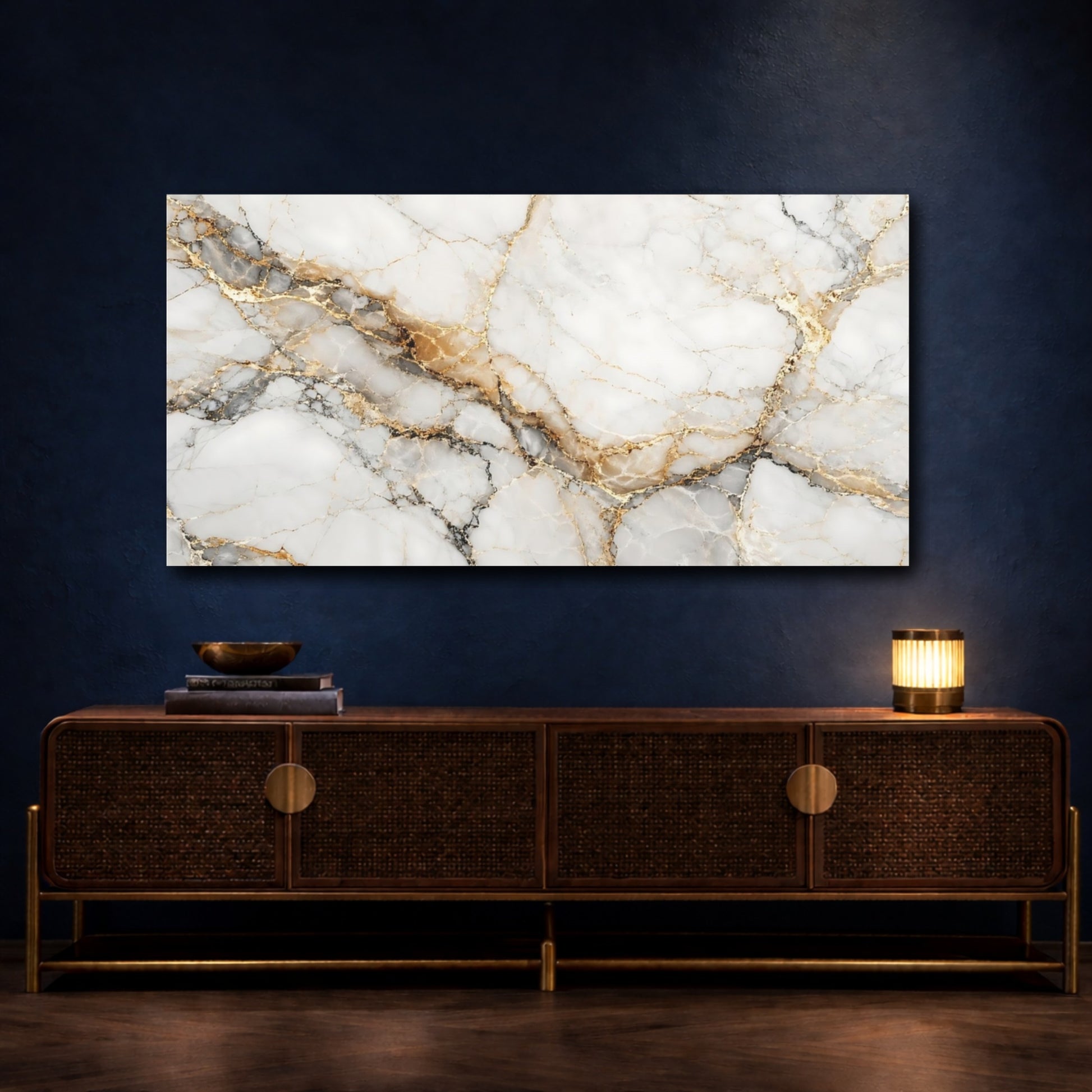Mockup 4. Abstract Marble Texture White Gold Marble shown as stretched canvas wall art