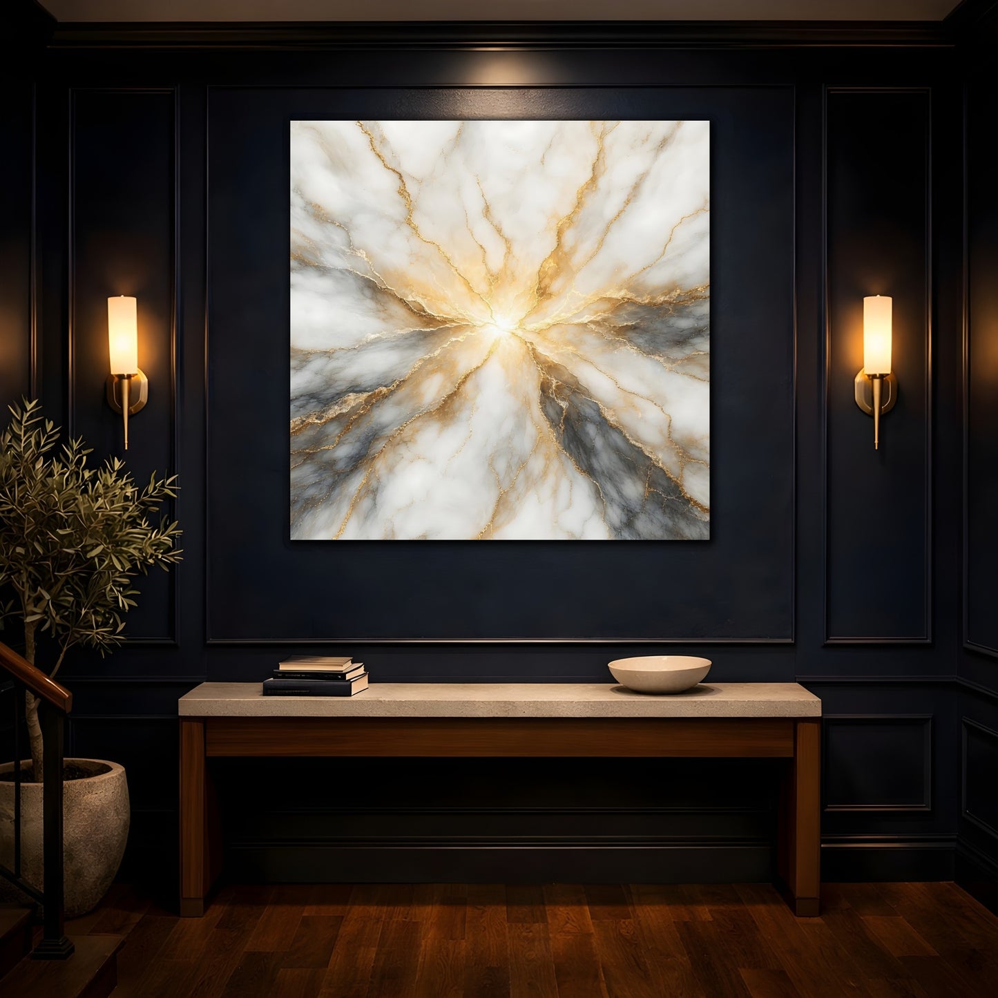 Mockup 4. Abstract Marble Texture White Gold Marble shown as stretched canvas wall art
