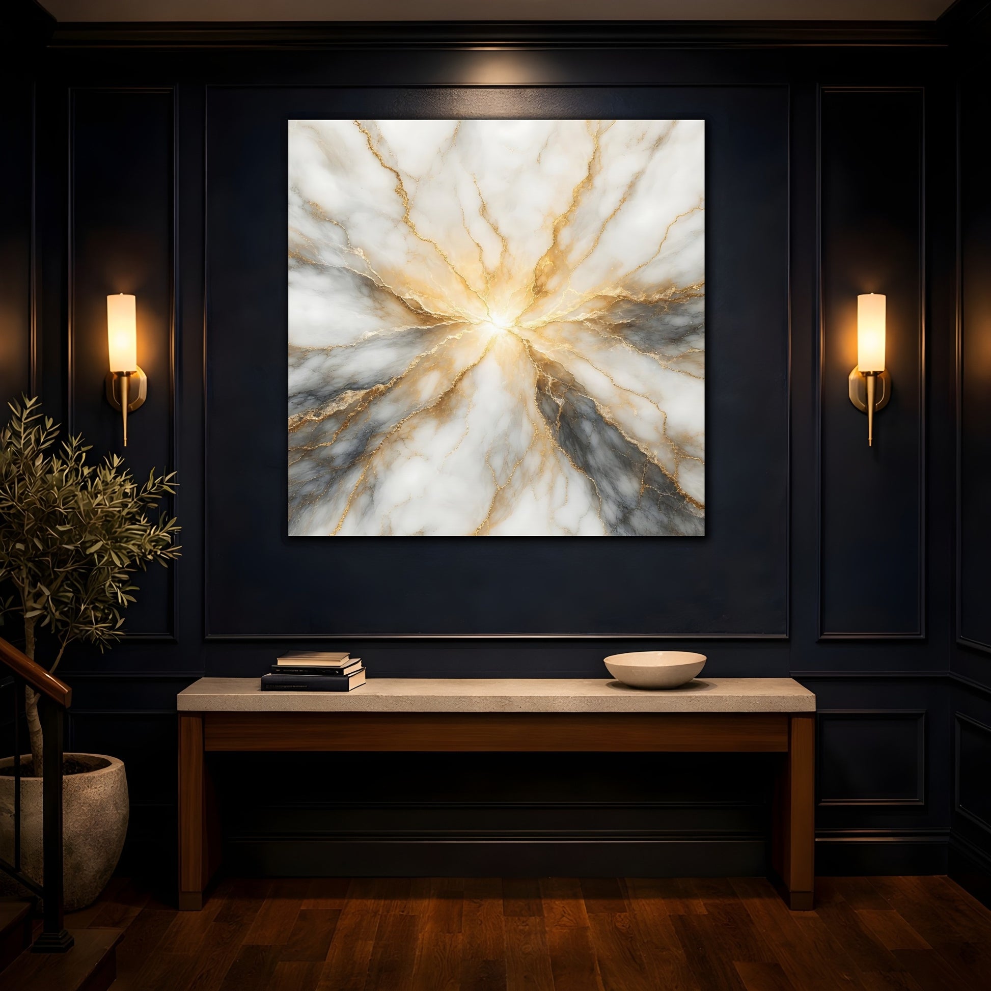 Mockup 4. Abstract Marble Texture White Gold Marble shown as stretched canvas wall art