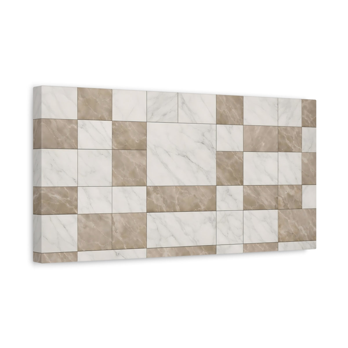 Side Mockup 3. Abstract Marble Tiles Brown White Marble shown as stretched canvas wall art
