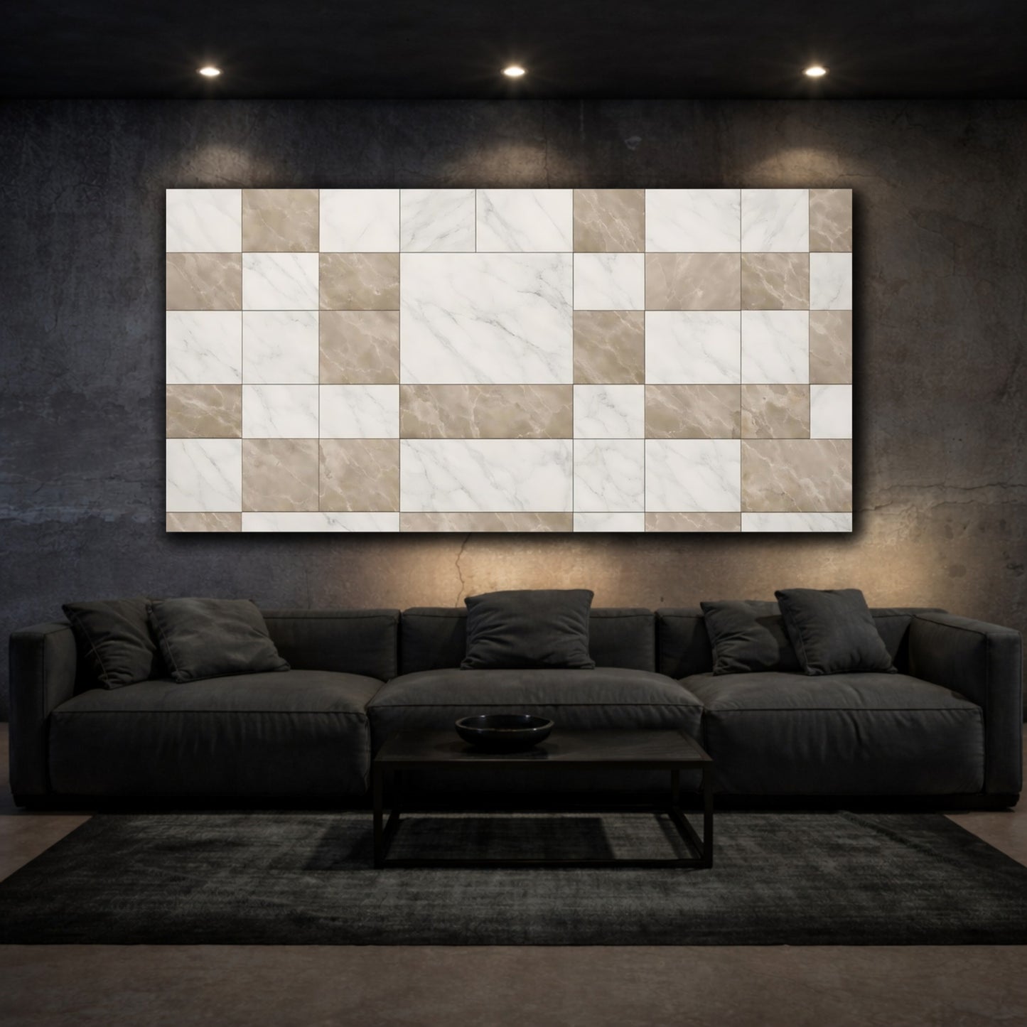 Mockup 2. Abstract Marble Tiles Brown White Marble shown as stretched canvas wall art