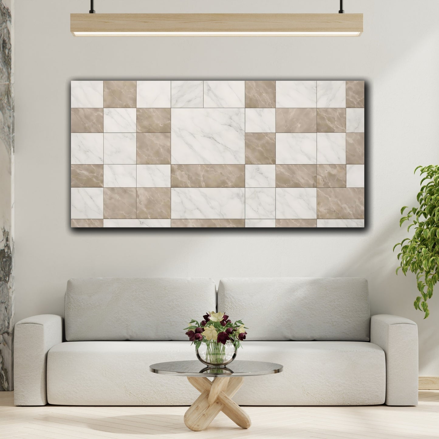 Mockup 3. Abstract Marble Tiles Brown White Marble shown as stretched canvas wall art