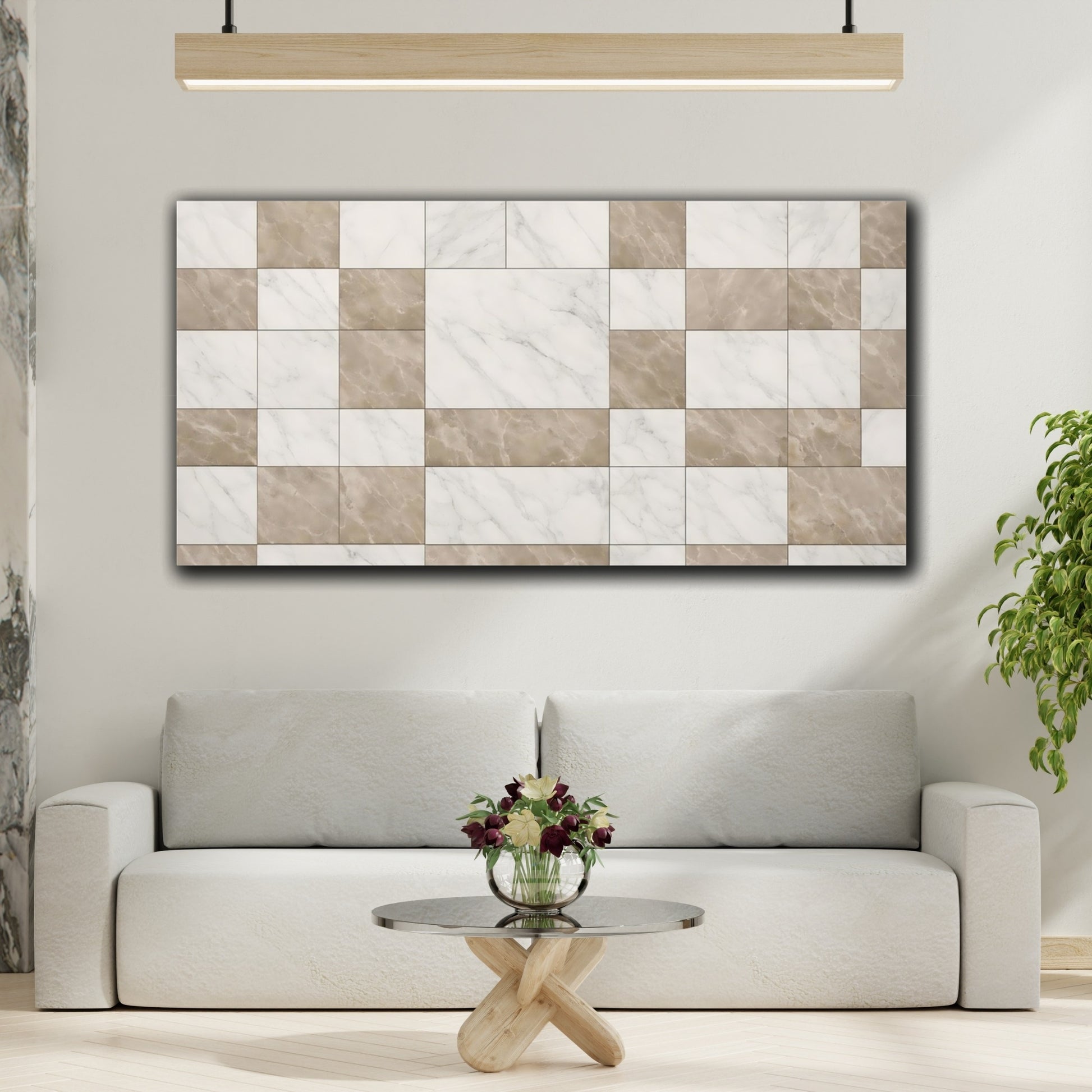 Mockup 3. Abstract Marble Tiles Brown White Marble shown as stretched canvas wall art