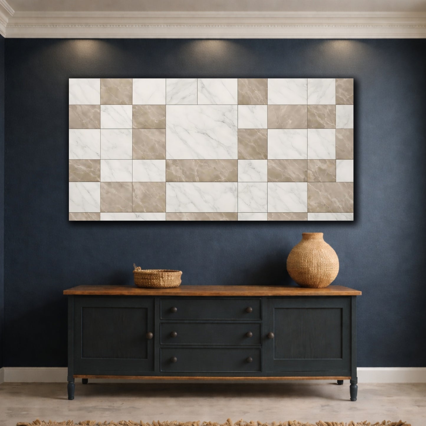 Mockup 4. Abstract Marble Tiles Brown White Marble shown as stretched canvas wall art