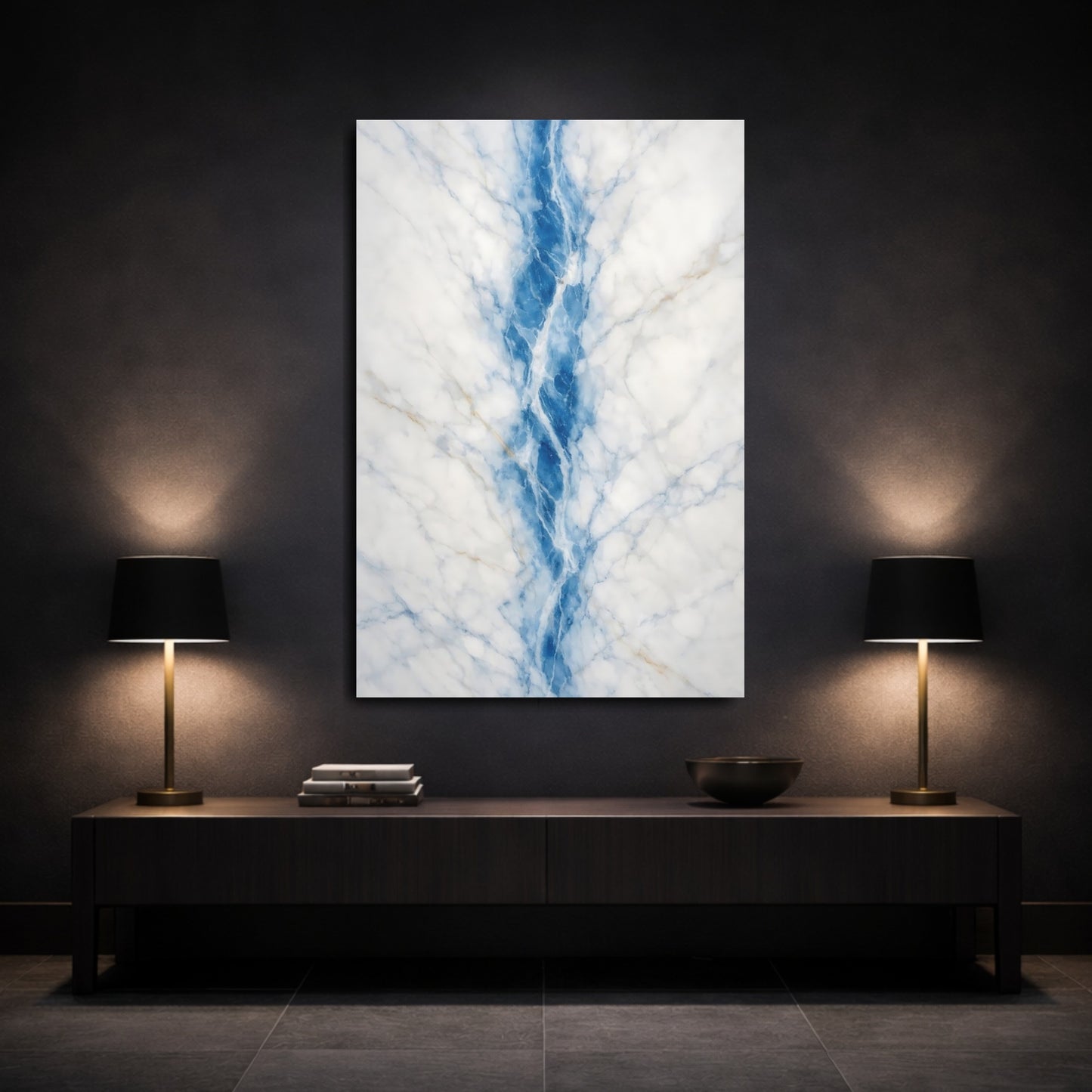 Mockup 2. Abstract Marble Vein Blue Marble shown as stretched canvas wall art
