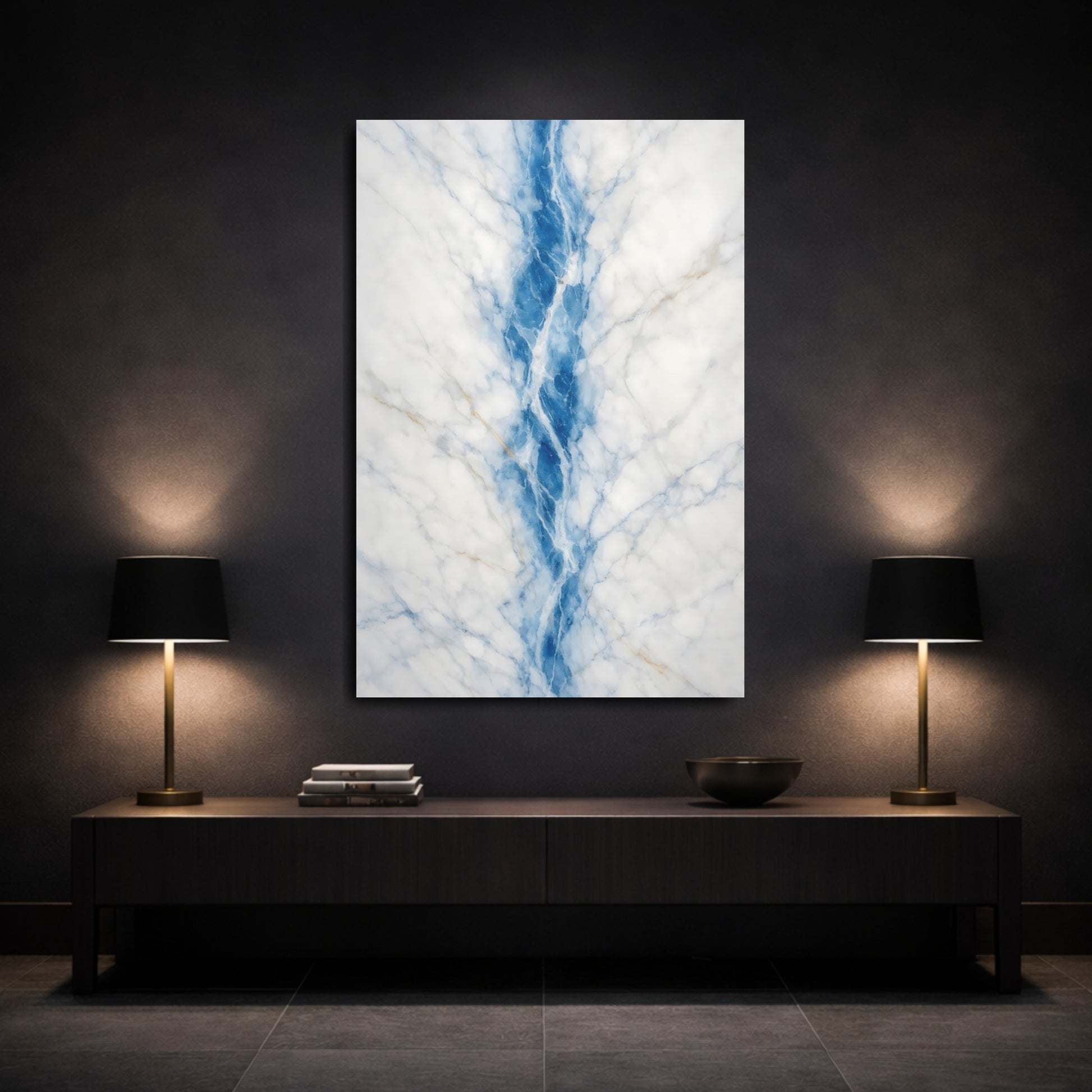 Mockup 2. Abstract Marble Vein Blue Marble shown as stretched canvas wall art