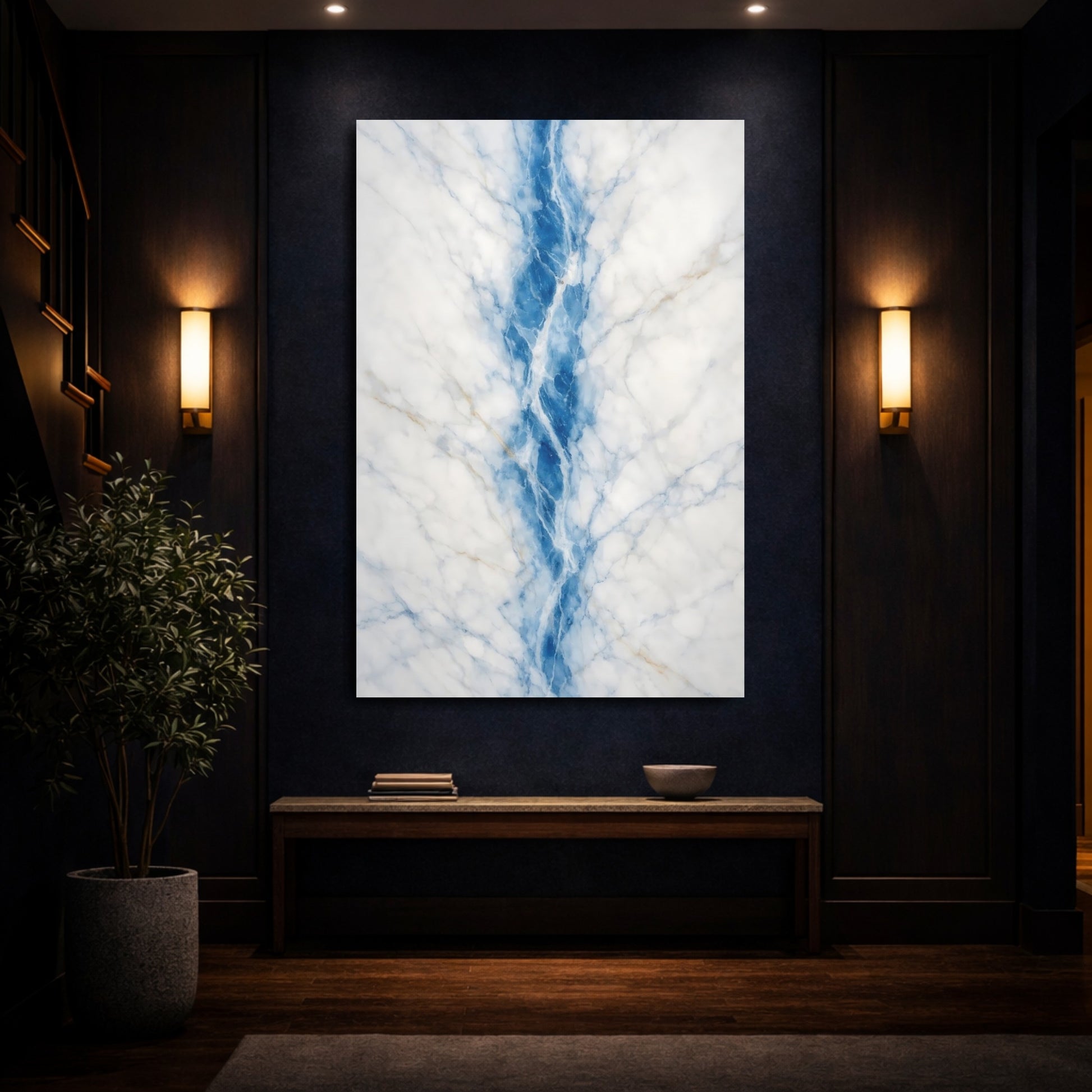 Mockup 3. Abstract Marble Vein Blue Marble shown as stretched canvas wall art
