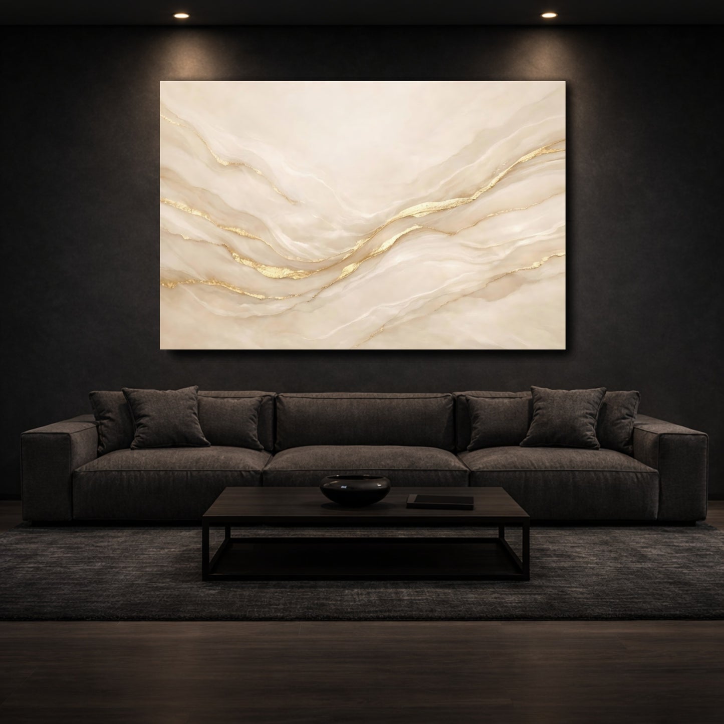 Mockup 2. Abstract Marble Veins Beige And Gold shown as stretched canvas wall art