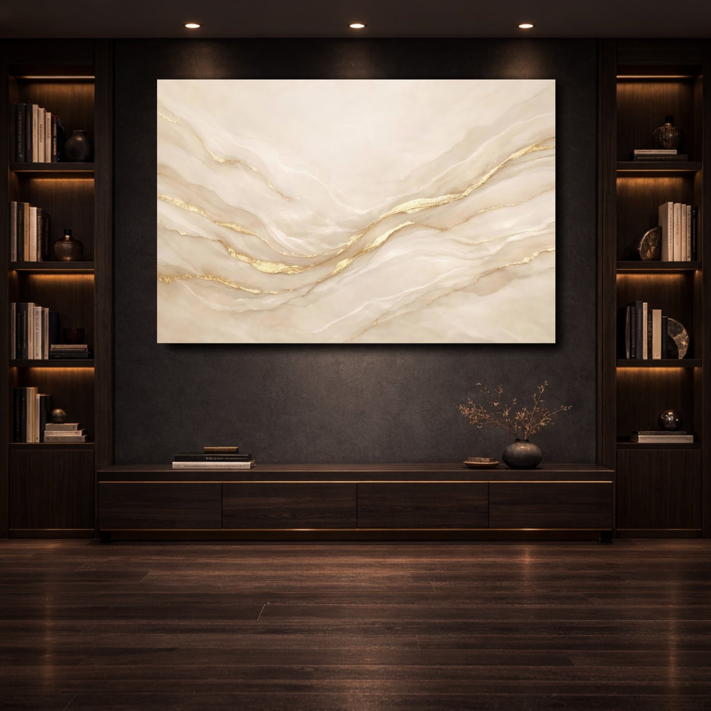 Mockup 3. Abstract Marble Veins Beige And Gold shown as stretched canvas wall art