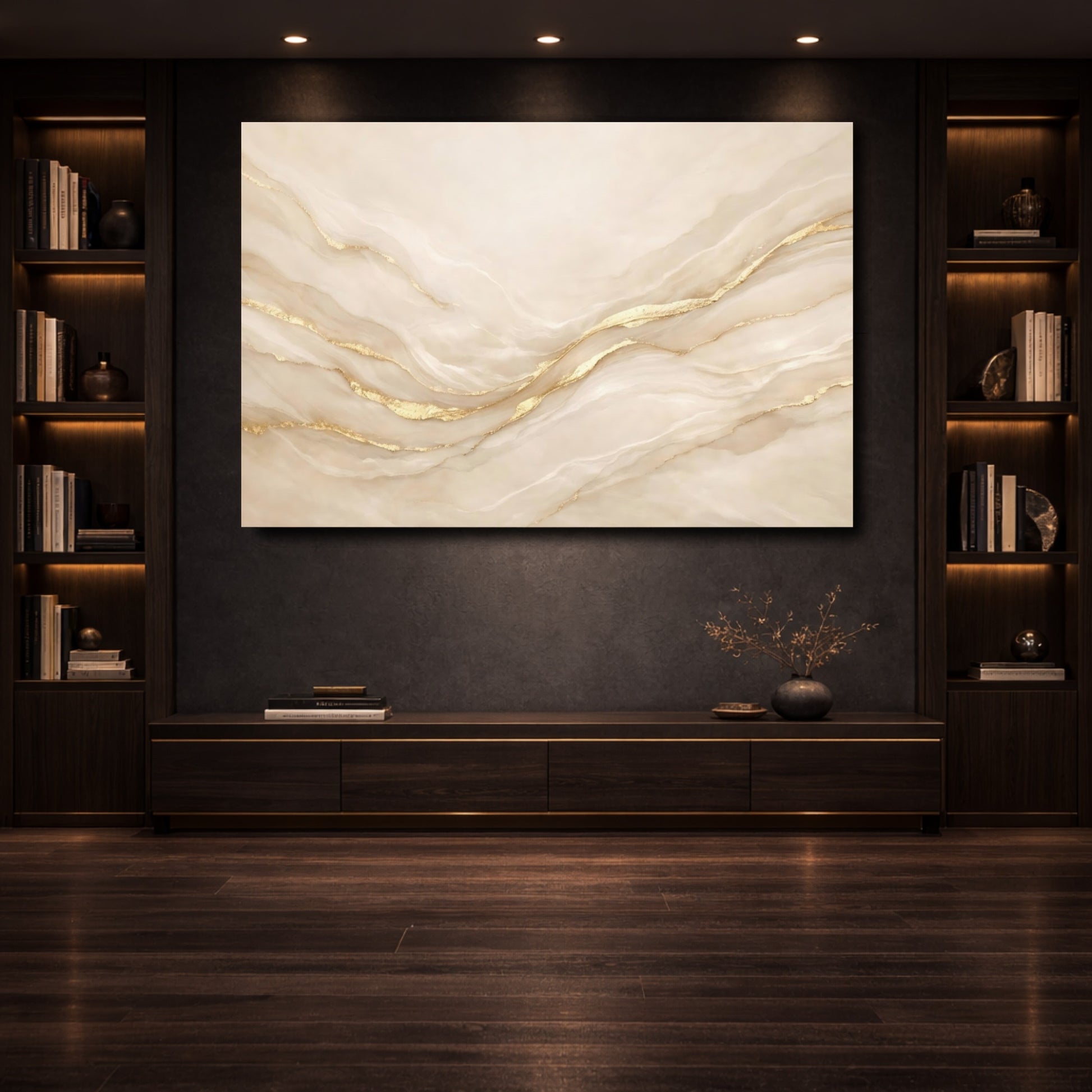 Mockup 3. Abstract Marble Veins Beige And Gold shown as stretched canvas wall art