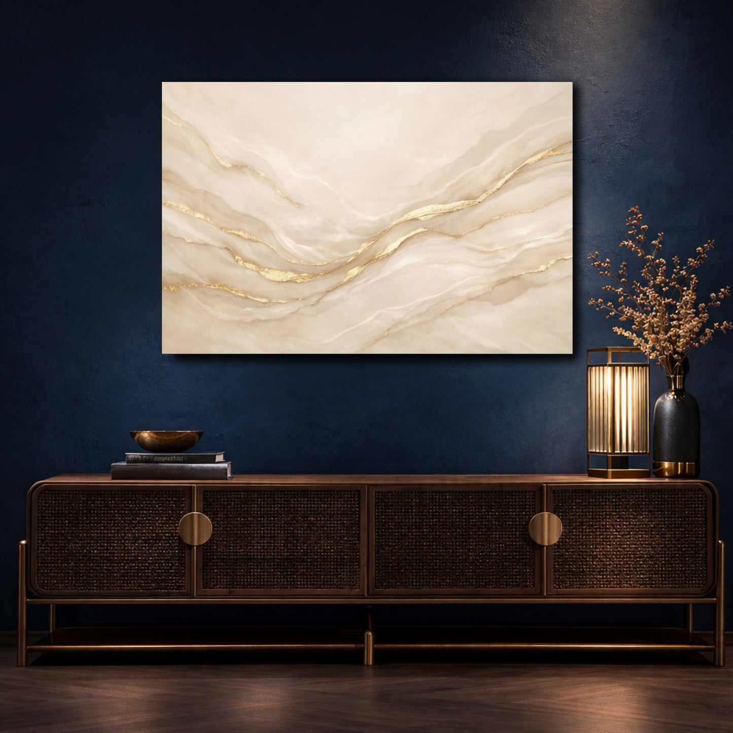 Mockup 4. Abstract Marble Veins Beige And Gold shown as stretched canvas wall art