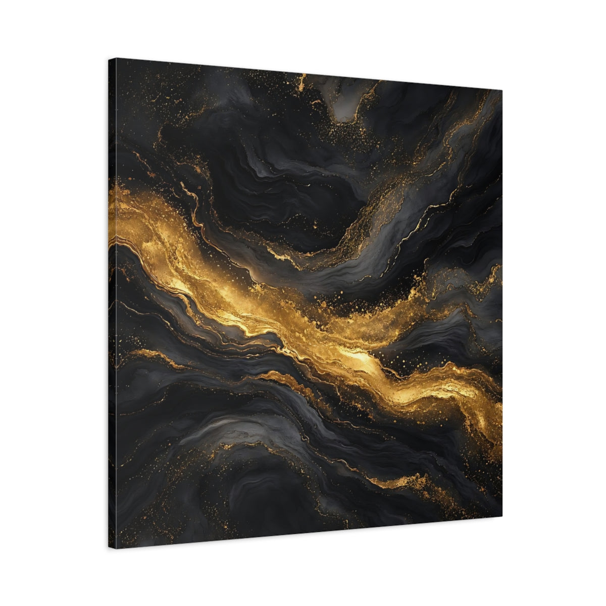 Main Mockup. Abstract Marble Veins Black And Gold shown as stretched canvas wall art