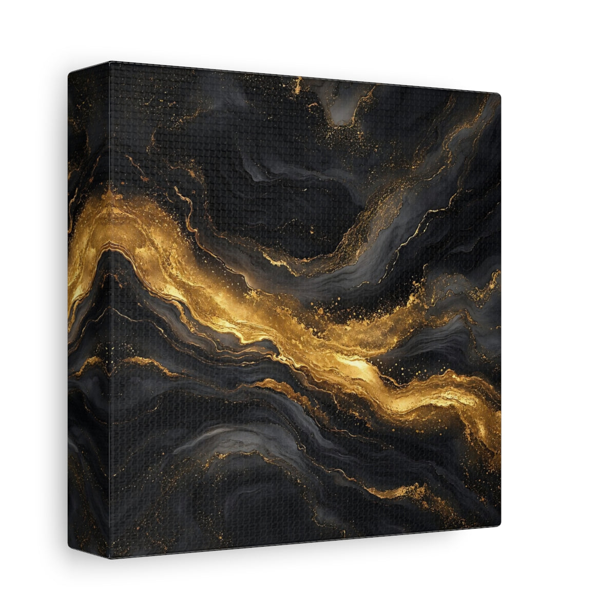 Side Mockup 2. Abstract Marble Veins Black And Gold shown as stretched canvas wall art