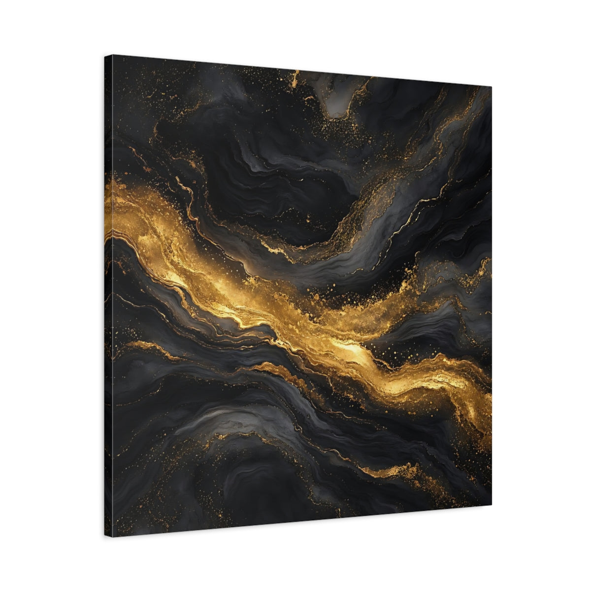 Side Mockup 3. Abstract Marble Veins Black And Gold shown as stretched canvas wall art