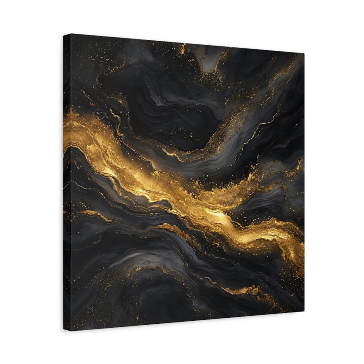 Side Mockup 5. Abstract Marble Veins Black And Gold shown as stretched canvas wall art
