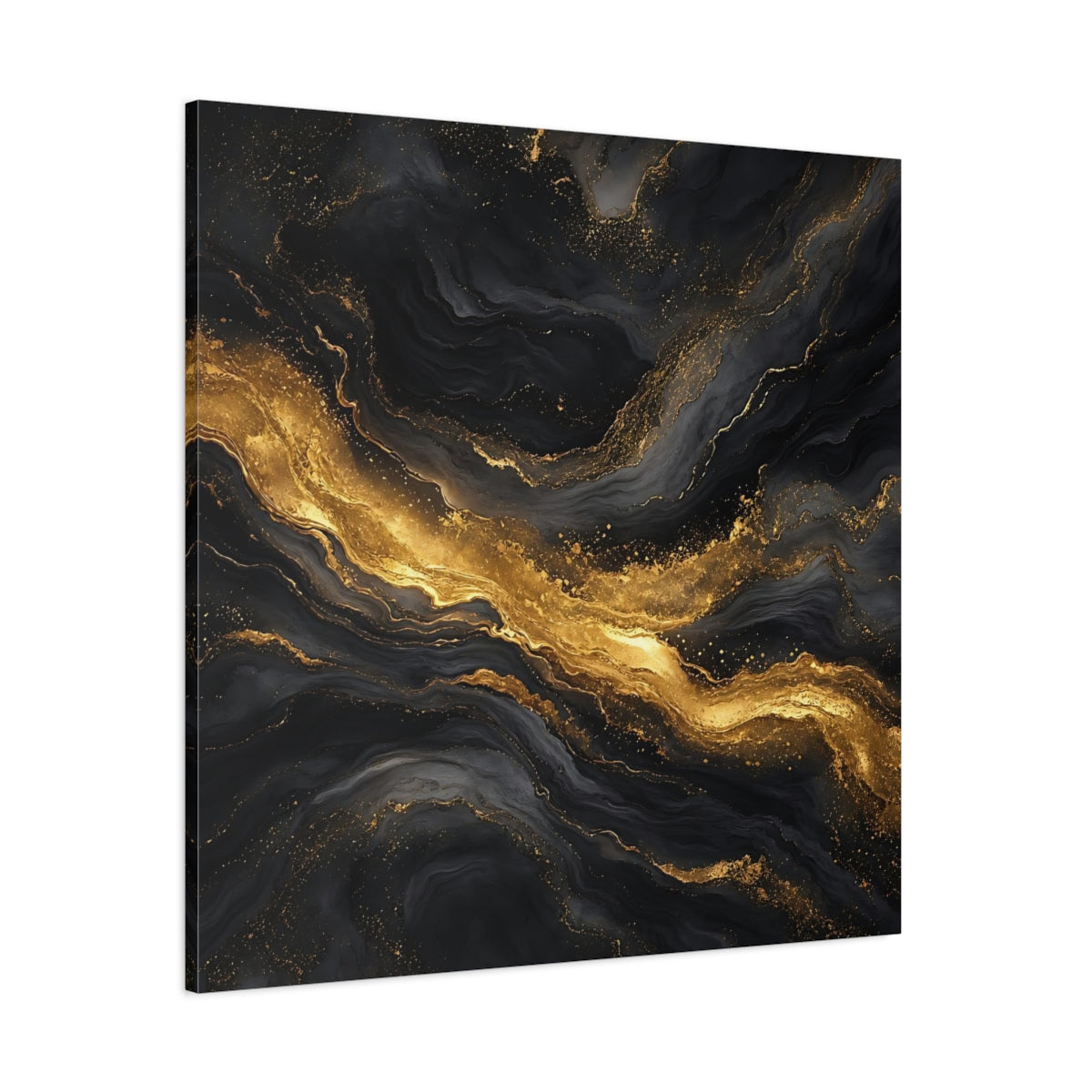Side Mockup 1. Abstract Marble Veins Black And Gold shown as stretched canvas wall art