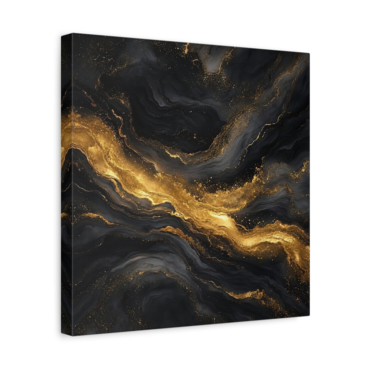 Side Mockup 7. Abstract Marble Veins Black And Gold shown as stretched canvas wall art