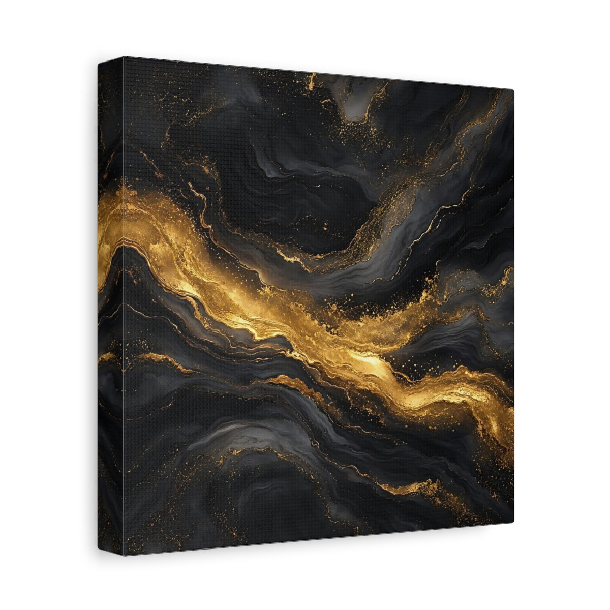 Side Mockup 9. Abstract Marble Veins Black And Gold shown as stretched canvas wall art