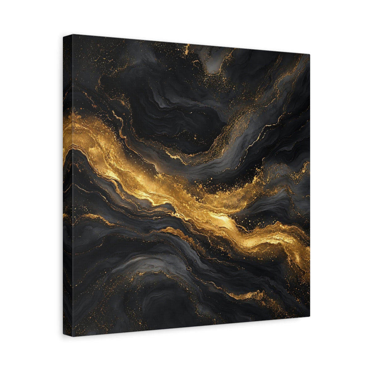 Side Mockup 6. Abstract Marble Veins Black And Gold shown as stretched canvas wall art