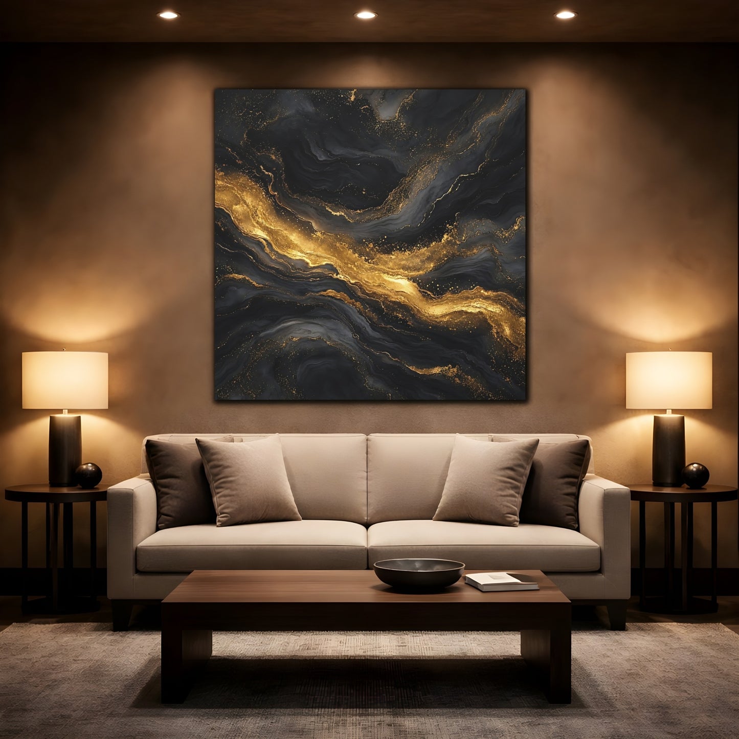 Mockup 2. Abstract Marble Veins Black And Gold shown as stretched canvas wall art