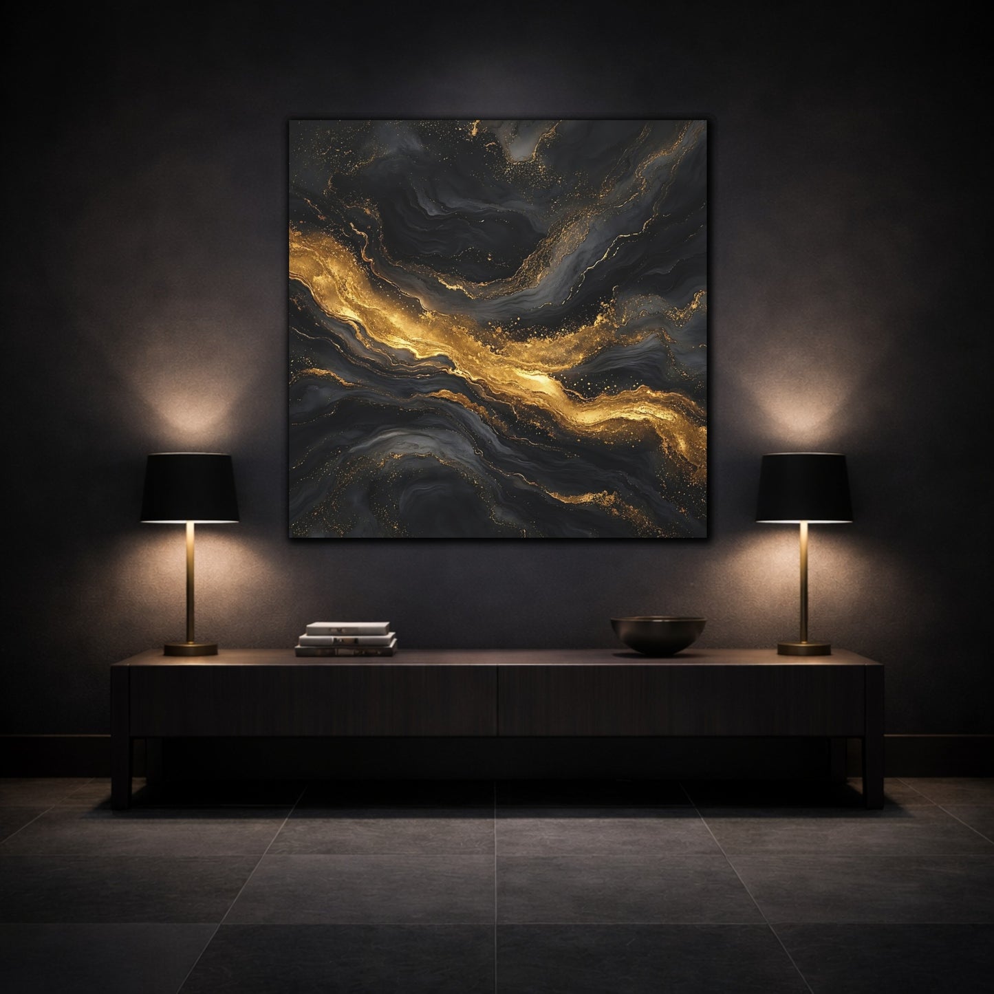 Mockup 3. Abstract Marble Veins Black And Gold shown as stretched canvas wall art