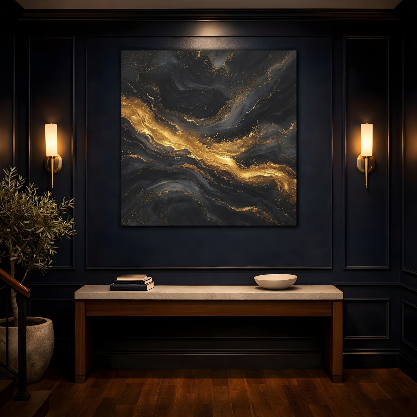 Mockup 4. Abstract Marble Veins Black And Gold shown as stretched canvas wall art