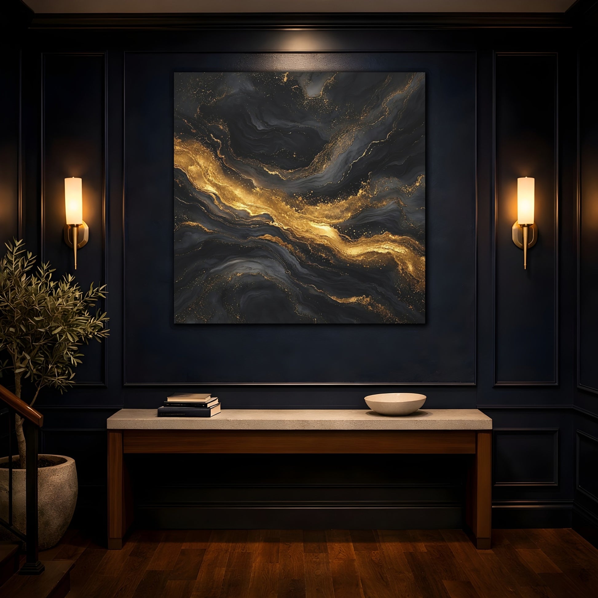 Mockup 4. Abstract Marble Veins Black And Gold shown as stretched canvas wall art