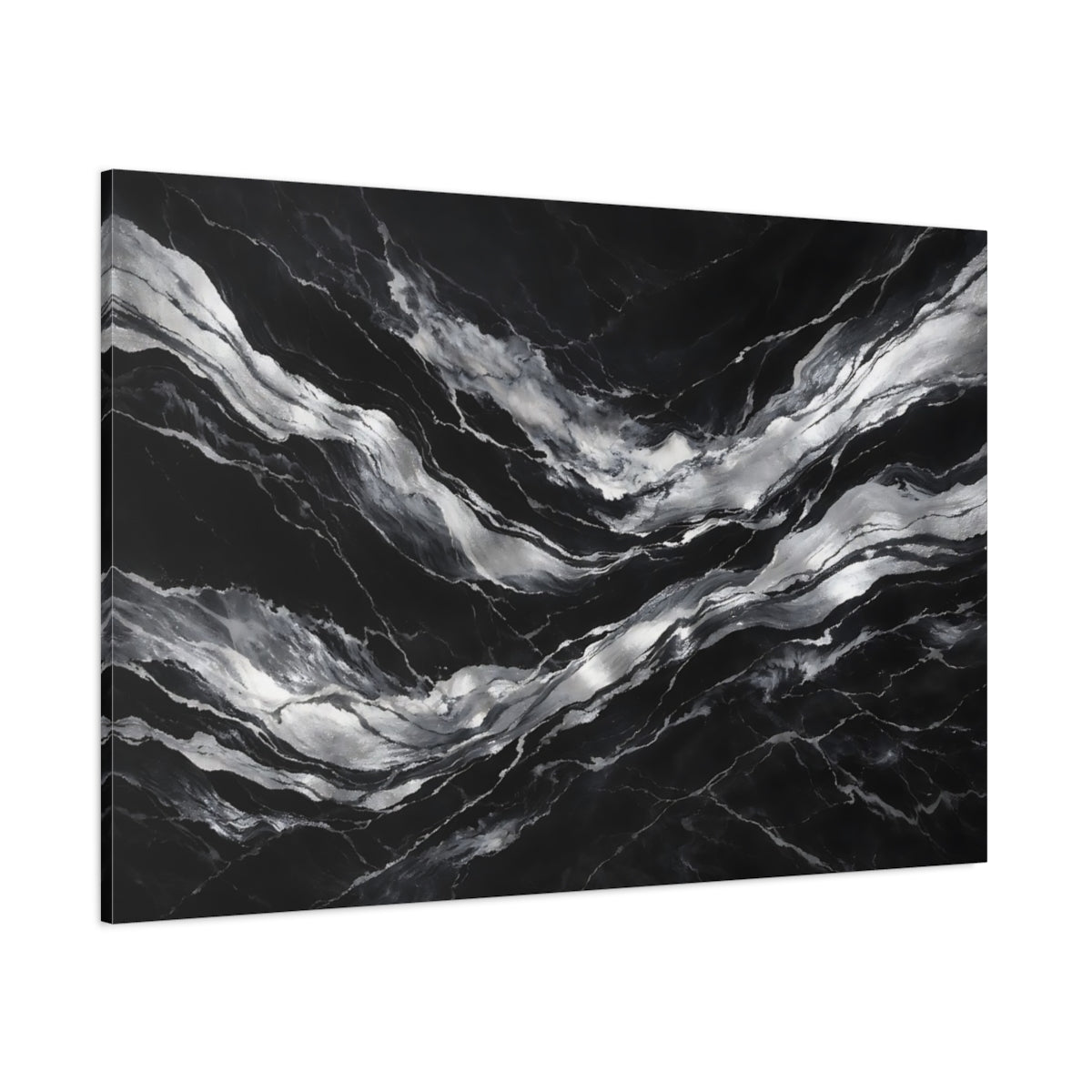 Main Mockup. Abstract Marble Veins Black And Silver shown as stretched canvas wall art