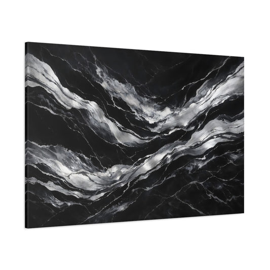 Main Mockup. Abstract Marble Veins Black And Silver shown as stretched canvas wall art