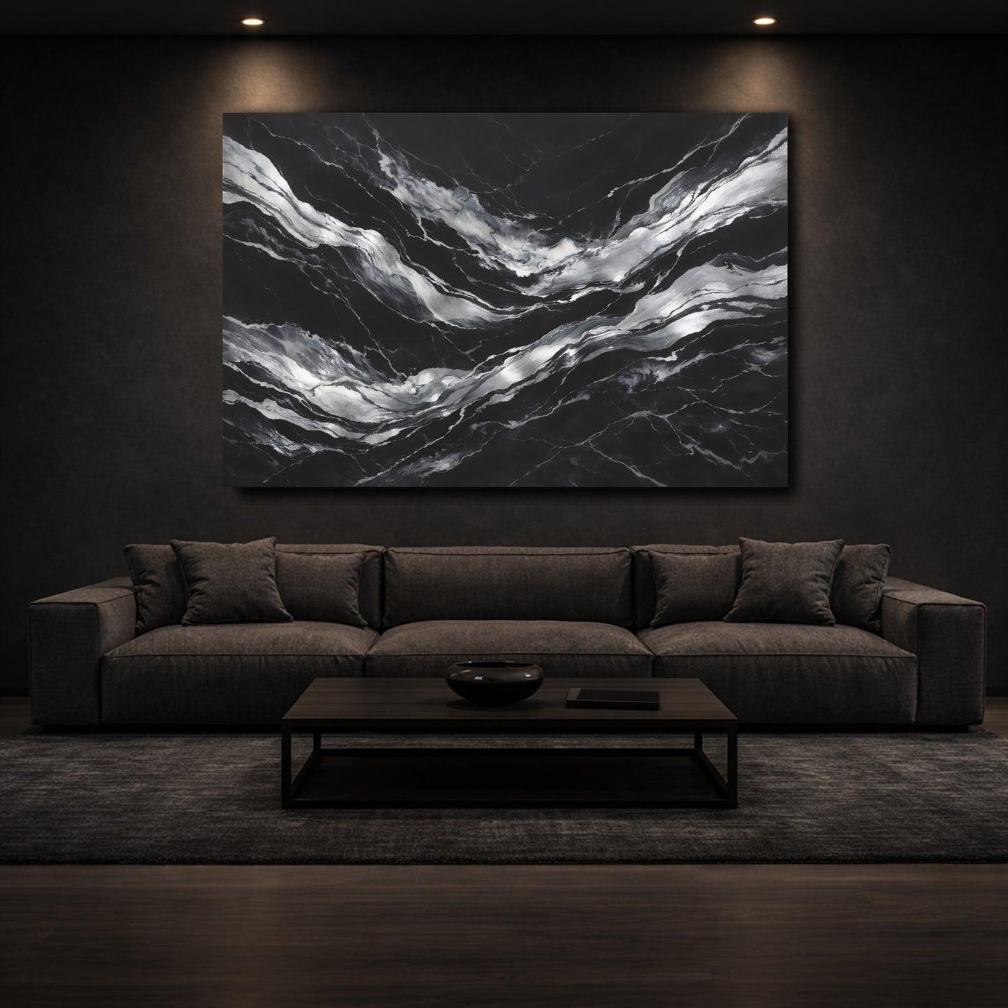 Mockup 2. Abstract Marble Veins Black And Silver shown as stretched canvas wall art