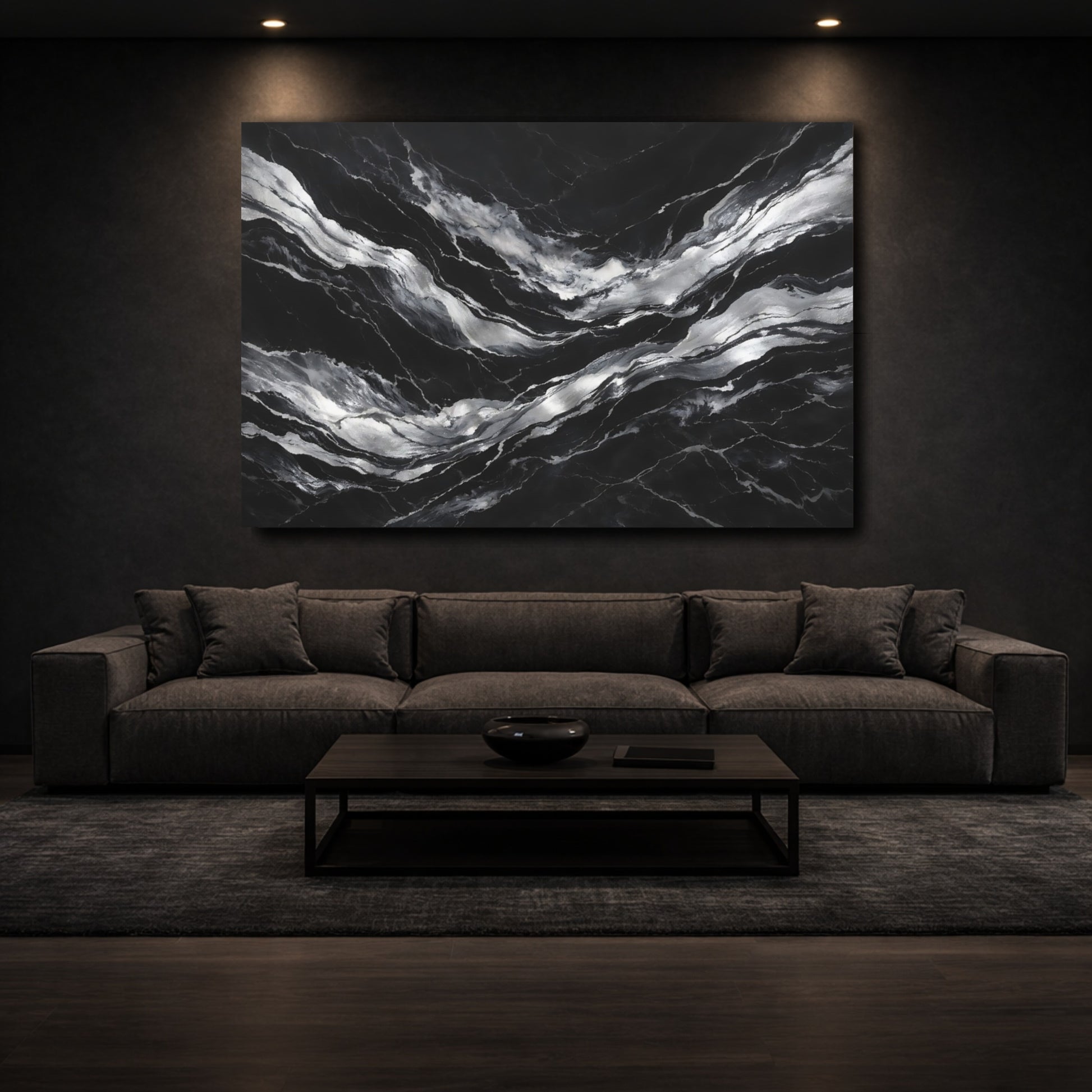 Mockup 2. Abstract Marble Veins Black And Silver shown as stretched canvas wall art