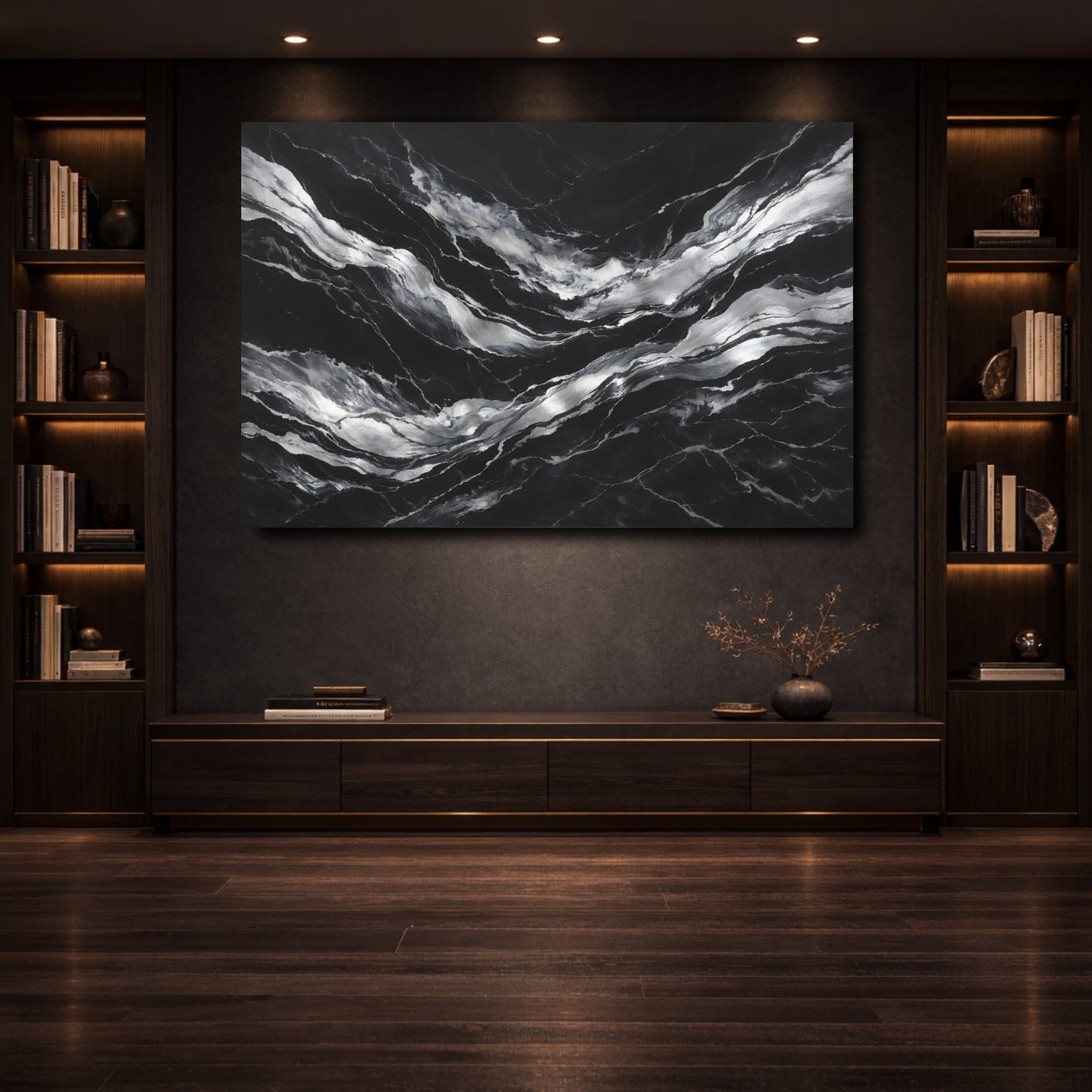 Mockup 3. Abstract Marble Veins Black And Silver shown as stretched canvas wall art